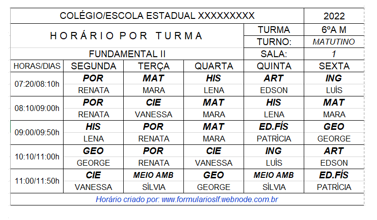 MATERIAL PRINCIPAL: HORÁRIO ESCOLAR :: formularioslf@webnode.com.br